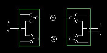 填补空白 求个双控开关的线路图,2盏灯4个双控开关的接线,要求用最省的电线,问题关键2盏灯4个双控开关